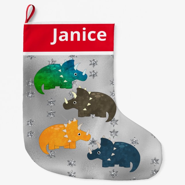 Leckere Multicolor-Dinosaurier auf Silver Großer Weihnachtsstrumpf (Vorderseite)