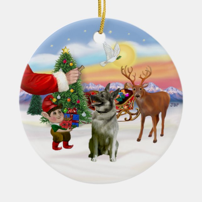 Leckerei für einen norwegischen Elkhound Keramikornament (Vorne)