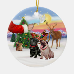 Leckerei für zwei Möpse (aprikotfarben + schwarz) Keramikornament
