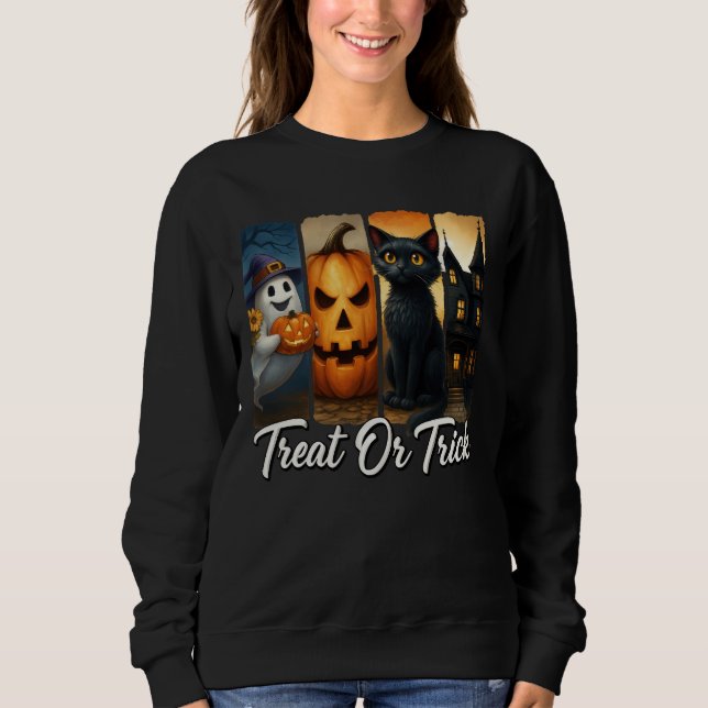 "Leckerei oder Trick" Halloween Pinselstriche Katz Sweatshirt (Vorderseite)