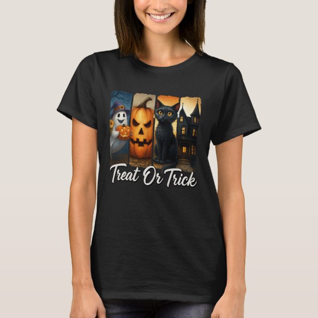 "Leckerei oder Trick" Halloween Pinselstriche Katz T-Shirt (Vorderseite)