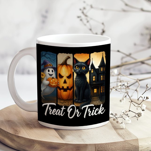 "Leckerei oder Trick" Halloween-Pinselstrichkatze Kaffeetasse ("Treat or Trick" Halloween Brush Stroke Cat Coffee Mug on a boho kitchen table with tiny flowers)