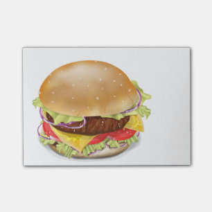 Leckerer Hamburger oder Cheeseburger. Post-it Klebezettel