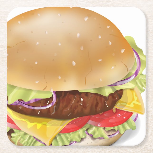 Leckerer Hamburger oder Cheeseburger. Rechteckiger Pappuntersetzer (Vorderseite)