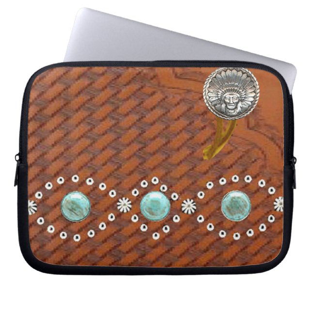 Leder"Apache" Türkis-Western-Laptop-Hülse Laptopschutzhülle (Vorderseite)