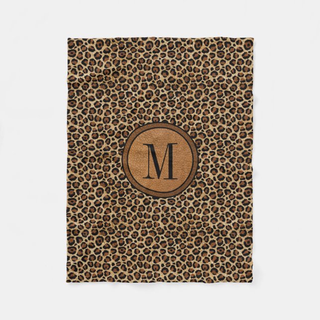 Leder Leopard Vintage Modern Boho Chic Monogramm Fleecedecke (Vorderseite)