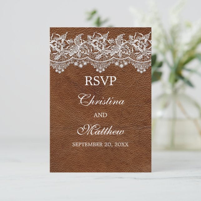 Leder und Spitzen sehen Hochzeitssache RSVP Karte (Stehend Vorderseite)