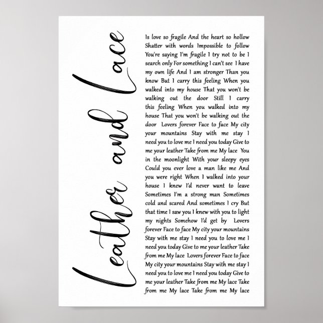 Leder und Spitzen White Script Song Lyrik Print Poster (Vorne)