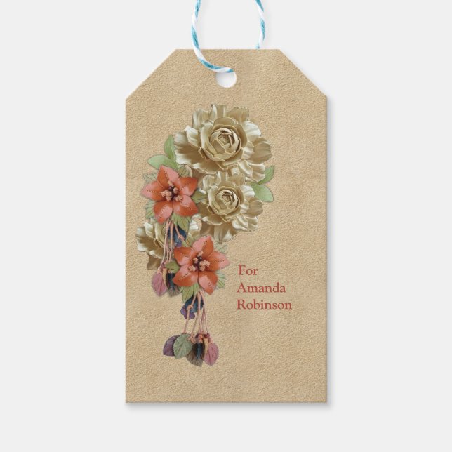 Lederarbeit in Blume über Wildleder Geschenkanhänger (Vorderseite)
