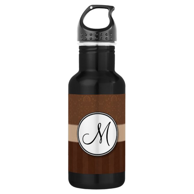 Lederbraun-Damast mit Streifen und Monogramm Edelstahlflasche (Vorderseite)