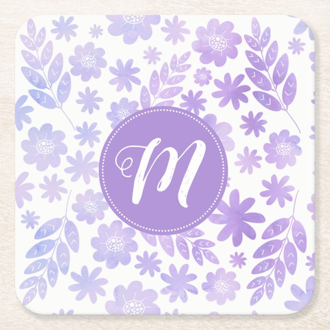 Lederhandgezogenes Blumenmuster und Monogramm Rechteckiger Pappuntersetzer (Vorderseite)