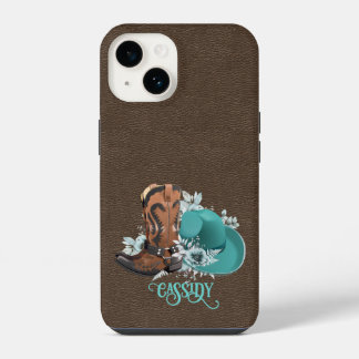 Ledertextur Cowgirl braun Türkis iPhone 14 Hülle