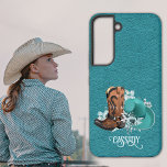 Ledertextur Cowgirl braun Türkis Samsung Galaxy Hülle<br><div class="desc">Ledertextur Cowgirl Gehäuse mit braunen Cowboystiefeln,  türkisfarbenem Cowboyhut und Blume. Personalisierte Telefonzelle Sie können dieses Design auf jedes andere Produkt auf Zazzle übertragen,  schauen Sie sich an: "Transfer Design zu einem Produkt"!</div>