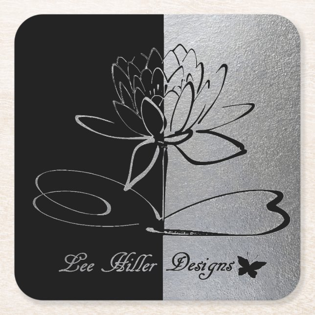 Lee Hiller Designs Logo Accents Black & Stainless Rechteckiger Pappuntersetzer (Vorderseite)