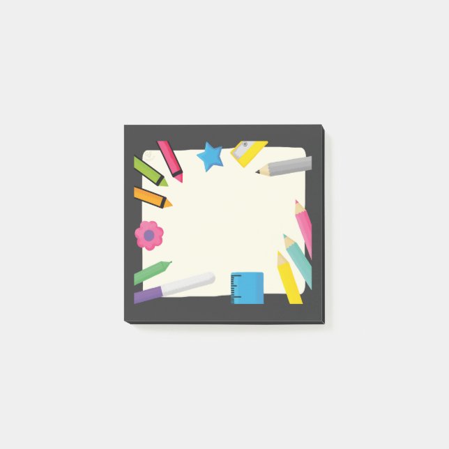 Leere Leinwand mit farbenfroher Schreibwarengrenze Post-it Klebezettel (Vorderseite)