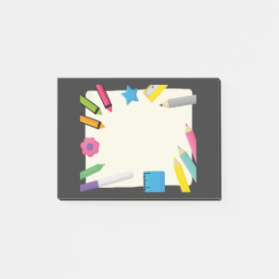 Leere Leinwand mit farbenfroher Schreibwarengrenze Post-it Klebezettel