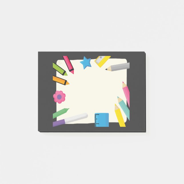 Leere Leinwand mit farbenfroher Schreibwarengrenze Post-it Klebezettel (Vorderseite)