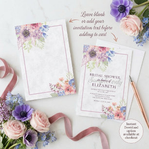 Leere rosa und blaue Aquarell-Blumenhochzeit   Einladung