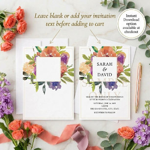 Leeres Budget Orange und violette florale Hochzeit Einladung