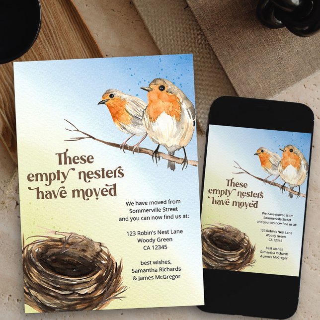 Leeres Nest Wasserfarbe Ankündigung (cute red robins new address card available printed or as printable digital download)