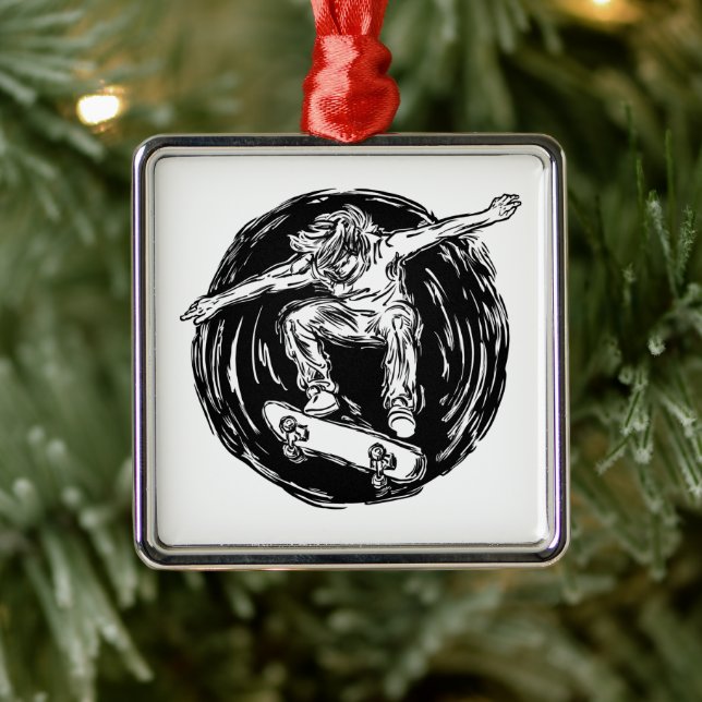 Legendärer Skater beim Skateboarden im Mittelluftb Ornament Aus Metall (Baum)