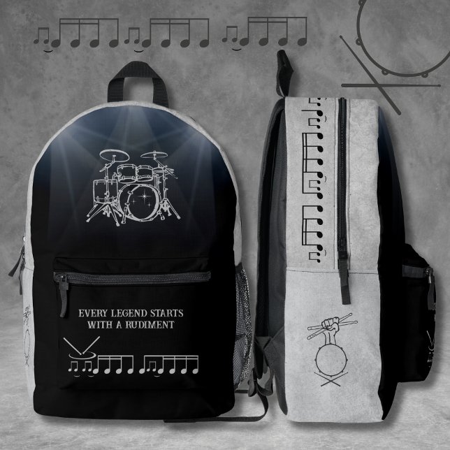 Legendary Drummer Black Gray Rudiment Music Bedruckter Rucksack (Hit the beat with a Legendary Gray and Black Drummer Rudiment Music Backpack)