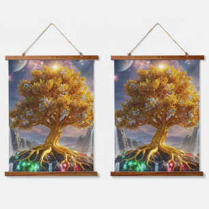 Legendary Golden Tree of Gems - Mystical Fantasy T Wandteppich Mit Holzrahmen