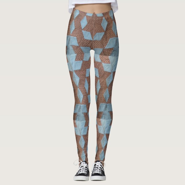 Leggings - Blau und Braun-Quilt-Muster (Vorderseite)