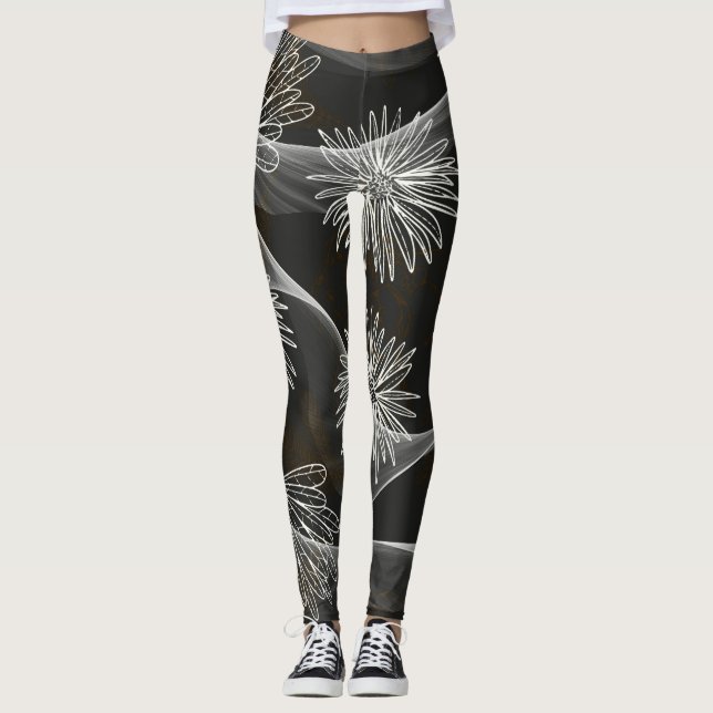 Leggings Dark mit Big White Blume & Wirbel (Vorderseite)