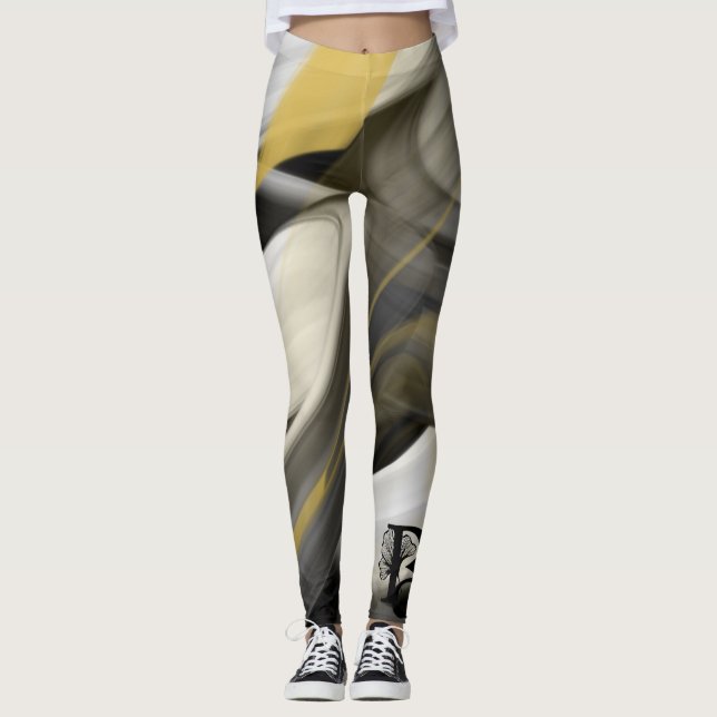 Leggings Fitness Abstrakte Kunst Schwarz-weiß Gold (Vorderseite)