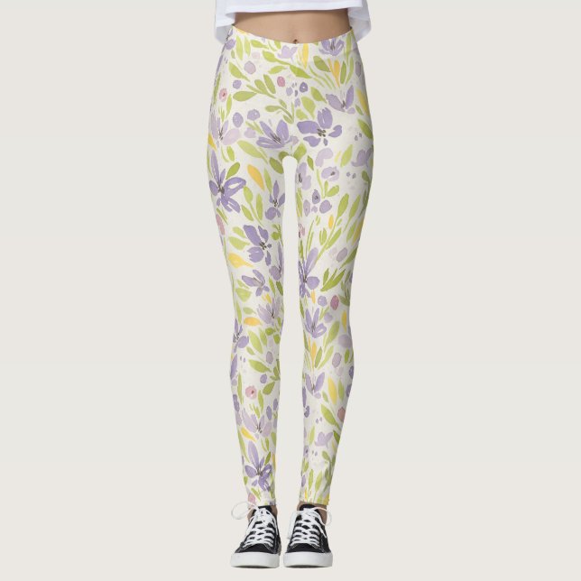 Leggings für Blumenmuster von Lavendel und Grünem  (Vorderseite)
