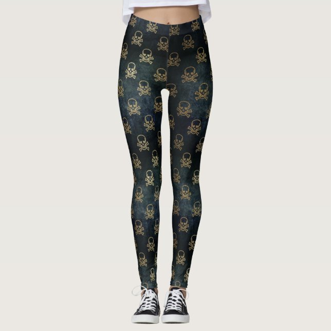 Leggings für Schwarz-Gold-Schädel- und Crossbones- (Vorderseite)