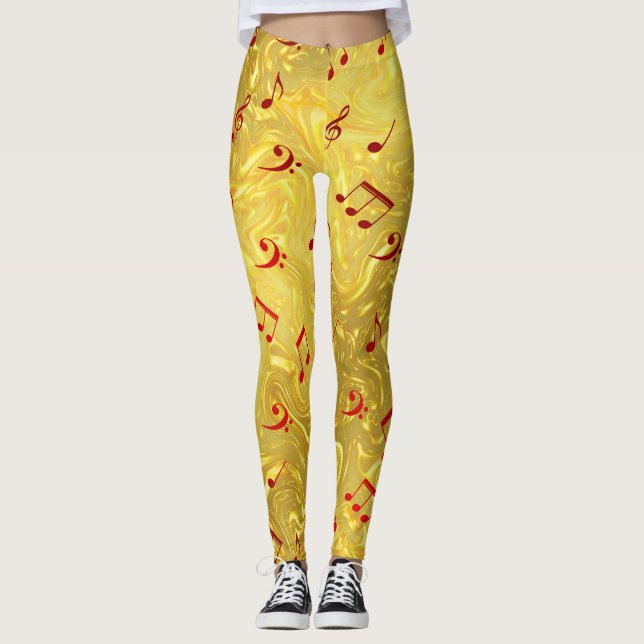 Leggings in Gold und Rot mit eleganten Noten (Vorderseite)
