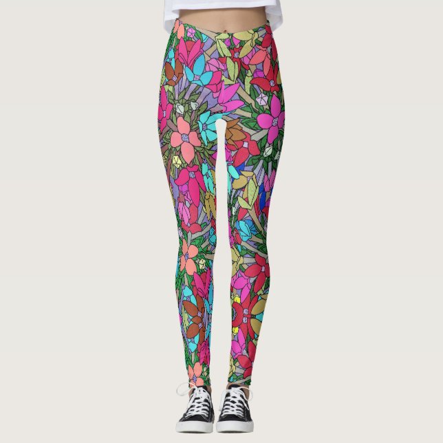 Leggings in Pink, Blau, Grün und Blumen (Vorderseite)
