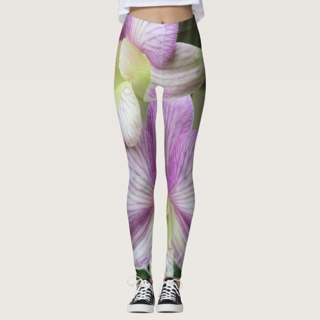 Leggings in weißer und lila Orchidee (Vorderseite)
