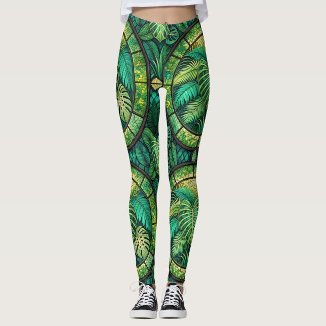 Leggings mit einem lebendigen grünen tropischen Bl (Vorderseite)