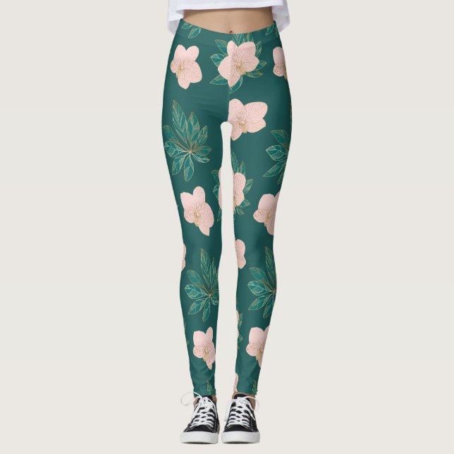 Leggings mit goldfarbenen und rosa Blätter (Vorderseite)