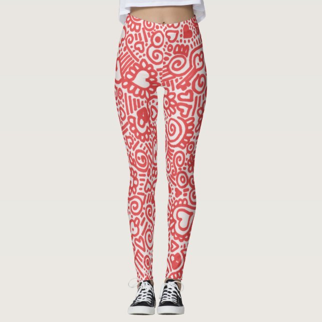 Leggings mit rotem und weißem Doodmuster (Vorderseite)