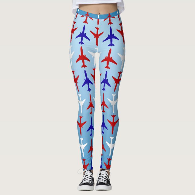 Leggings mit roten, weißen und blauen Flugzeugmust (Vorderseite)