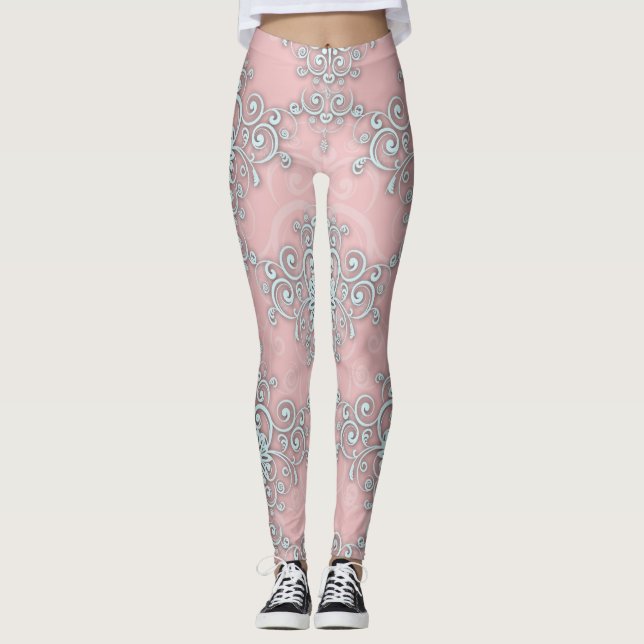 Leggings von Light Pink und Grau Damask Boho Style (Vorderseite)