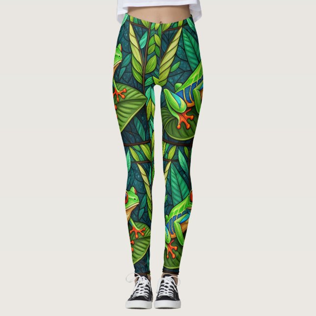 Leggings with vibrant green leaves and colorful  (Vorderseite)