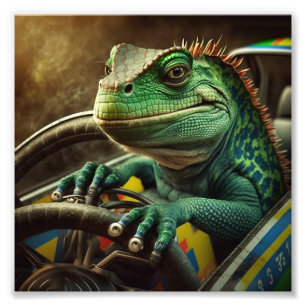 Leguan fährt Rennwagen Fotodruck