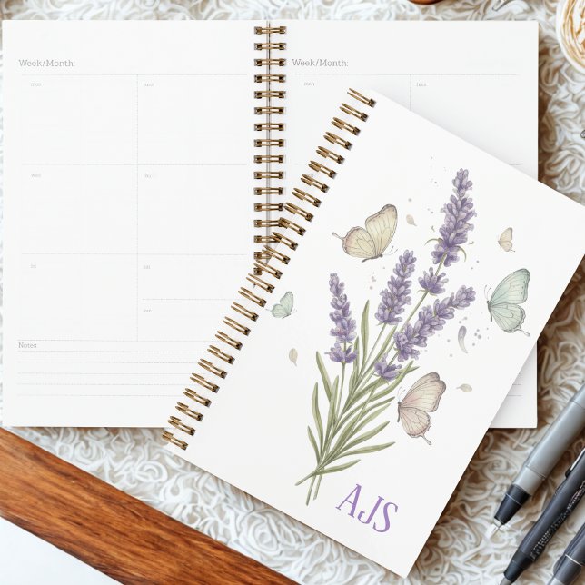 Lehrer Abschluss Lavendel Schmetterling Monogramm Planer (Lavender botanical stems and butterflies for a special teacher graduation — gift idea for her)