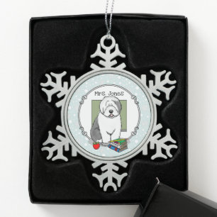 Lehrer Alte Englische Schafhunde (Grau 1) Niedlich Schneeflocken Zinn-Ornament