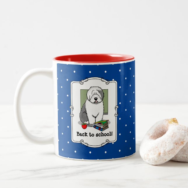 Lehrer Alte Englische Schafhunde (Grau 1) Niedlich Zweifarbige Tasse (Mit Donut)