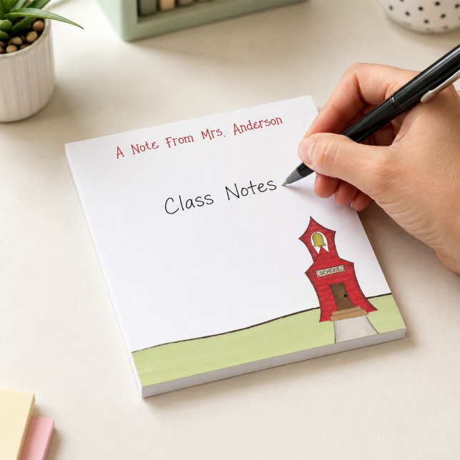 Lehrer Custom School House Niedlich Notizblock (Personalized teacher notepad featuring a charming red schoolhouse, perfect for class notes, reminder)