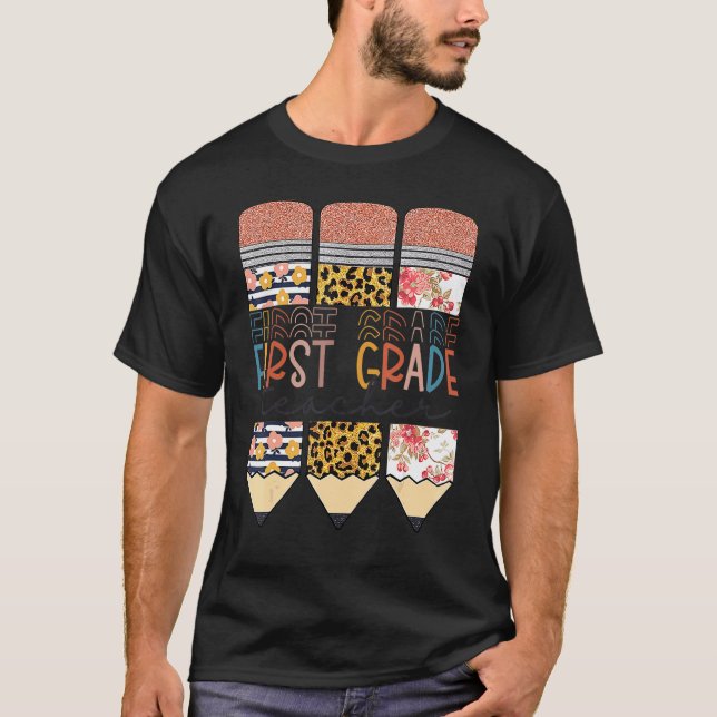 Lehrer der ersten Klasse Leopard Bleistift Zurück  T-Shirt (Vorderseite)
