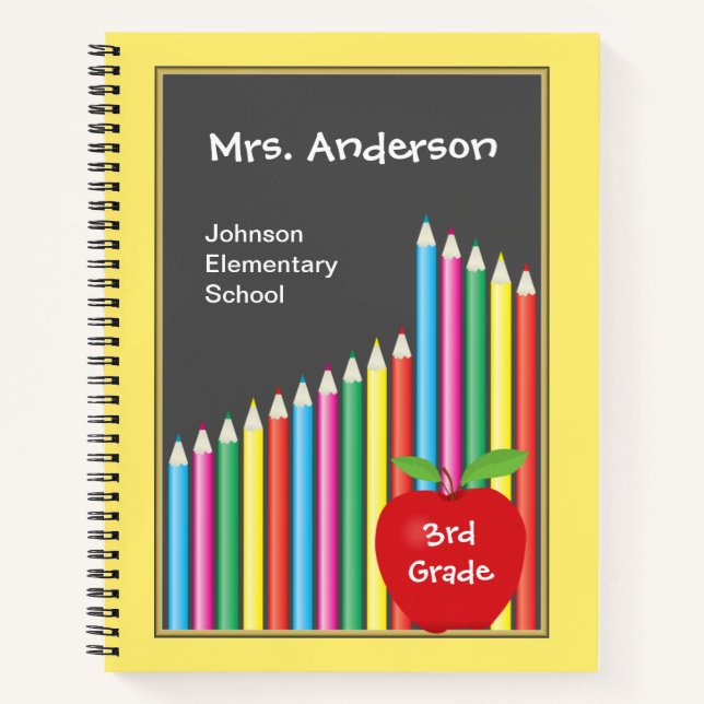 Lehrer Farbige Stifte und roter Apple Notizbuch (Vorderseite)