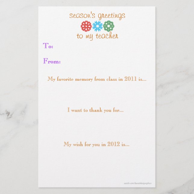 Lehrer-Feriengeschenkanmerkung 2011 - 2012 Briefpapier (Vorderseite)