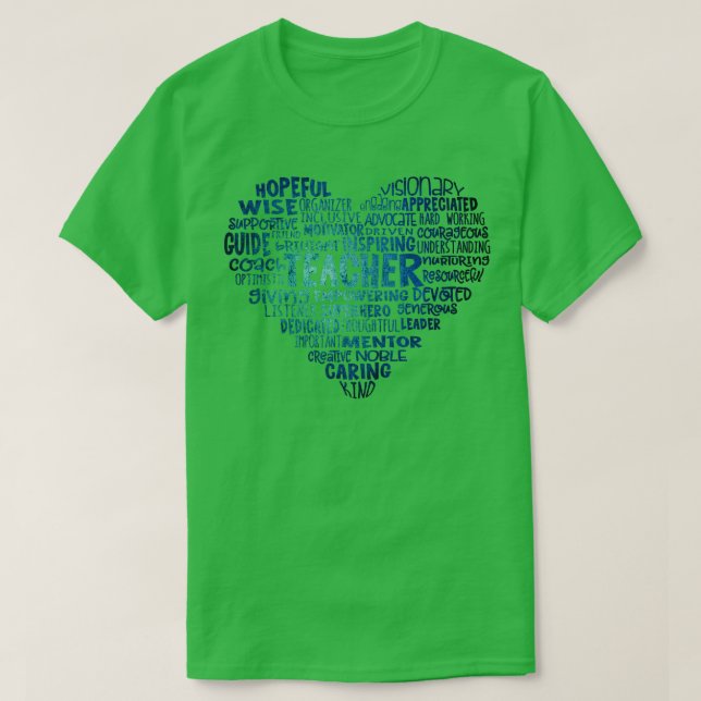 Lehrer Herz Word Cloud Blue T-Shirt (Design vorne)